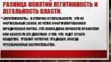 Разница понятий легитимность и легальность власти. «Легитимность», в отличие от легальности, это не формальный закон, не четко сформулированная юридическая норма. Это совпадение личности правителя или какого-то его действия с тем, что ждет от него общество, требуют история, традиция, иногда чрезвыча