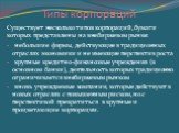 Типы корпораций. Существует несколько типов корпораций, бумаги которых представлены на внебиржевом рынке: небольшие фирмы, действующие в традиционных отраслях экономики и не имеющие перспектив роста крупные кредитно-финансовые учреждения (в основном банки), деятельность которых традиционно ограничив