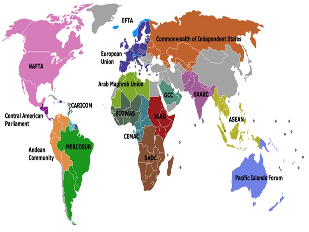 Крупнейшие экономические интеграции. Карта международных интеграционных объединений. Международные организации на карте.