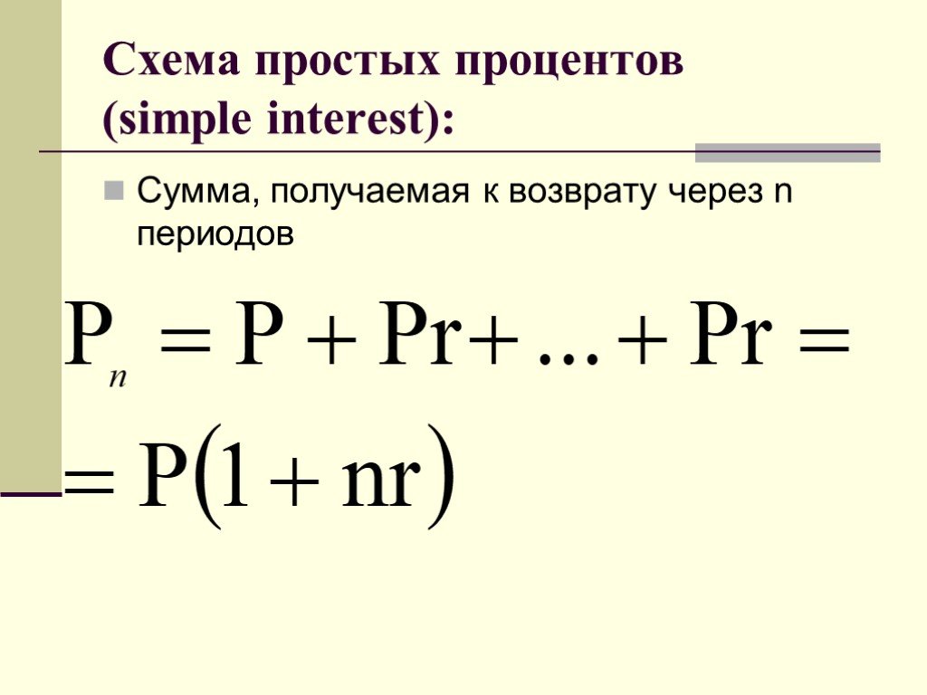 Схема процентов. Схема начисления простых процентов. 1. Схема простых процентов. Сложная схема начисления процентов. Схема простых процентов предполагает.