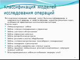 Классификация моделей исследования операций. Все модели исследования операций могут быть классифицированы в зависимости от природы и свойств операции, характера решаемых задач, особенностей применяемых математических методов. Классы задач: Оптимизационные задачи Задачи сетевого планирования и управл