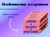 Особенности алгоритма. словесное описание блок-схемы Алгоритми ческий язык. данные процесс результаты. Любой алгоритм имеет: Дискретность Понятность Массовость Правильность Конечность