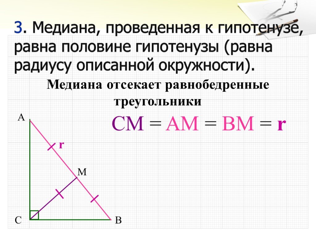 Найти медиану проведенную. Медиана из прямого угла прямоугольного треугольника доказательство. Медиана проведённая к гипотенузе равна её половине. Медиана равна половине гипотенузы. Свойство Медианы проведенной к гипотенузе.