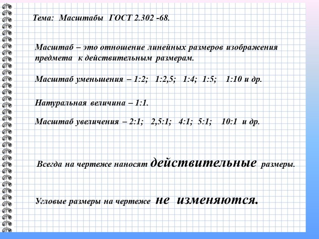 Отношение линейных размеров изображения объекта на чертеже к действительным размерам объекта