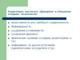 Индикаторы жестокого обращения в отношении младших школьников: агрессивность или, наоборот, подавленность; безнадзорность; ухудшение успеваемости; ухудшение здоровья; физические признаки (ссадины, кровоподтеки и т.д.); информация из других источников (одноклассники, их родители и т.д.).