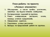 План работы по проекту «Лесные опасности»: Обсуждение, о каких грибах, растениях, животных мы будем готовить сообщения. Распределение заданий по группам. Поиск информации (интернет, книги, помощь учителя и родителей). Оформление карточек. Подготовка устных рассказов . Выводы по проделанной работе по