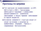 Прогнозы по затратам. Рост расходов на здравоохранение до 29% ВВП в США к 2040 г. Тем не менее, наблюдается тенденция к уменьшению распространенности хронических заболеваний и общего бремени заболеваний в старших возрастах. Во многом изменяется структура затрат (от затрат на лечение к затратам на пр