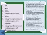 БД, АРМ, ЛВС, нормативная база, ВИТС средства организации информационного обмена средства обеспечения информационной безопасности. А) обеспечивает взаимодействие ТО по различным каналам с использование телефонной связи, компьютерных данных и т.д. Б) обеспечивают вычислительную поддержку задач автома