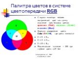 Палитра цветов в системе цветопередачи RGB. С экрана монитора человек воспринимает цвет как сумму излучения трех базовых цветов: красного (Red), зеленого (Green) и синего (Blue) Формула определения цвета: Color=R+G+B, где цвета меняются 0 ≤ R ≤ Rmax 0 ≤ G ≤ Gmax 0 ≤ B ≤ Bmax Максимальное значение = 