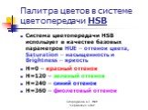 Палитра цветов в системе цветопередачи HSB. Система цветопередачи HSB использует в качестве базовых параметров HUE – оттенок цвета, Saturation – насыщенность и Brightness – яркость Н=0 – красный оттенок Н=120 – зеленый оттенок Н=240 – синий оттенок Н=360 – фиолетовый оттенок