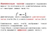 Комплексным числом называется выражение вида а + bi, в котором а и b – действительные числа, а i – некоторый символ такой, что Действительное число a называется действительной частью z=a+bi (Re z), а число b-мнимой частью (Im z) Комплексное число z=a+bi изображают точкой плоскости с координатами (a;