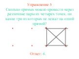 Упражнение 5. Сколько прямых можно провести через различные пары из четырех точек, ни какие три из которых не лежат на одной прямой? Ответ: 6.