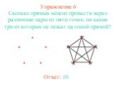 Упражнение 6. Сколько прямых можно провести через различные пары из пяти точек, ни какие три из которых не лежат на одной прямой? Ответ: 10.