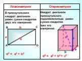 Планиметрия Стереометрия. В прямоугольнике квадрат диагонали равен сумме квадратов двух его измерений. В D d a b d2 = a2 + b2. Квадрат диагонали прямоугольного параллелепипеда равен сумме квадратов трех его измерений. d2 = a2 + b2 + с2