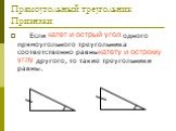 Если катет и острый угол одного прямоугольного треугольника соответственно равны катету и острому углу другого, то такие треугольники равны. катет и острый угол. катету и острому углу