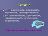 Холерик. «+» - энергичность, увлеченность, подвижность, целеустремленность. «-» - вспыльчивость, агрессивность, невыдержанность, нетерпимость, конфликтность. Всё время должен быть занят делом.