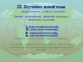 III. Изучение новой темы. (Осуществление учебного проекта). Этапы выполнения проекта (ученикам выдаются памятки). подготовительный; 2. конструктивный; 3. технологический; 4. заключительный. Проектным группам выдаются карточки с заданиями. Они готовят сообщения по теме, выступают с ними, а затем выпо