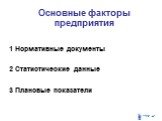 Основные факторы предприятия. 1 Нормативные документы 2 Статистические данные 3 Плановые показатели