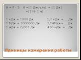 Единицы измерения работы. A = F ∙ S A =[1 Джоуль] = [1 Дж] =[1 Н∙ 1 м] 1 кДж = 1000 Дж 1,2 кДж =……Дж 1 МДж = 1000000 Дж 3,14Мдж=…..Дж 1 мДж = 0,001 Дж 450 мДж =….Дж