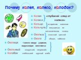 Почему колея, колесо, колобок? Колея «глубокий след от Колесо колеса» Кольцо «старинная воинская Кольчуга защ.одежда из металлических колец» Околыш «плотный цветной Около ободок, каёмка». Околица «место вокруг деревни, окружающая местность» Окольный «окружной, непрямой» Колобок «небольшой круглый хл