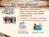 Что такое общение? 1. Общение – это сложный процесс установления и развития контактов и связей между людьми для обмена информацией. 2. Общение – взаимные деловые и дружеские отношения людей. Начальник- подчиненный. одноклассники