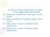 2. Какая схема используется при классификации растений? вид-род-семейство-порядок-класс-отдел вид-семейство-порядок-род-класс-отдел вид-отдел-класс-порядок-род-семейство вид-класс-отдел-порядок-род-семейство