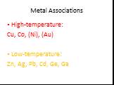 Metal Associations. High-temperature: Cu, Co, (Ni), (Au) Low-temperature: Zn, Ag, Pb, Cd, Ge, Ga