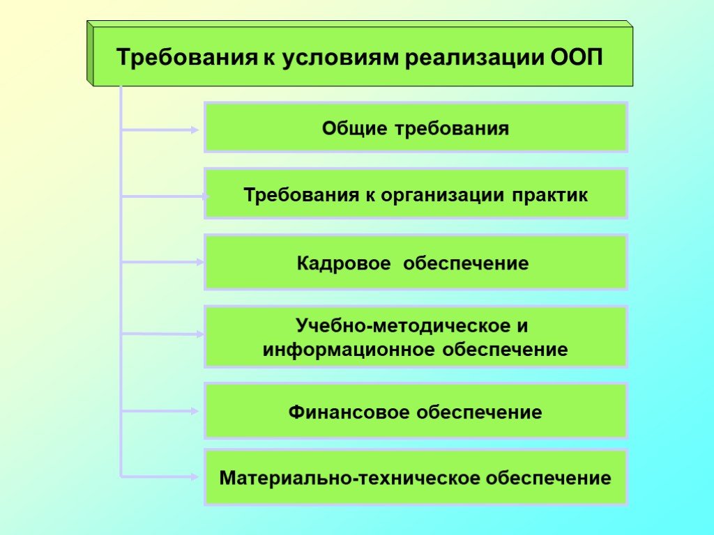 Условиям реализации информации. Материально-техническое и учебно-методическое обеспечение программы. ООП. Требования к презентации.