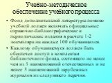 Фонд дополнительной литературы помимо учебной должен включать официальные справочно-библиографические и периодические издания в расчете 1-2 экземпляра на каждые 100 обучающихся. Каждому обучающемуся должен быть обеспечен доступ к комплектам библиотечного фонда, состоящего не менее чем из 5 наименова