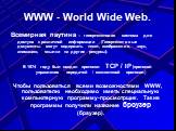 WWW - World Wide Web. Всемирная паутина – гипертекстовая система для доступа к различной информации (Гипертекстовые документы могут содержать текст, изображение, звук, анимацию, ссылки на другие ресурсы). В 1974 году был создан протокол TCP / IP (протокол управления передачей / межсетевой протокол) 