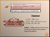 1) 152 : 760 = 0,2 2) 0,2 .100 = 20 (%)-выполнили. 3) 100 -20 = 80 (%). 1. Определите тип задачи. 2. Определите, что принимаем за 100%. 3. Составьте схему. Ответ: Рабочие выполнят план на 20%.Останется выполнить еще 80% работы.