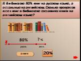ОТВЕТ 20%. В библиотеке 80% книг на русском языке, а остальные на английском. Сколько процентов всех книг в библиотеке составляют книги на английском языке?