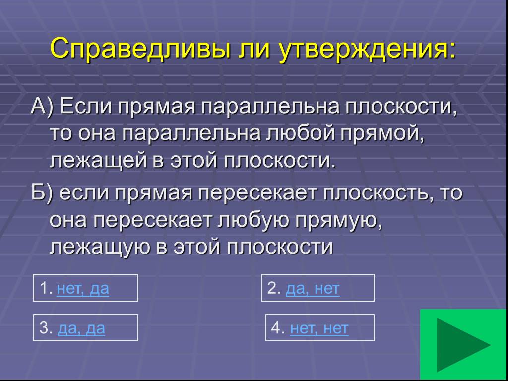 Верно ли то что. Если прямая параллельна плоскости то. Если прямая параллельна плоскости то она параллельна любой. Если прямая параллельна плоскости то она параллельна любой прямой. Если прямая параллельна плоскости то эта прямая.