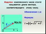 Модулем комплексного числа z=a+bi называется длина вектора, соответствующего этому числу. Обозначение:r,|z| Формула: