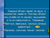 Каждый объект имеет не одно, а множество свойств. Поэтому объект мы узнаём не по одному ощущению, а по их совокупности. Например: Желтый, овальный, кислый, сочный, ароматный – Зеленая, колючая, пахнет смолой -