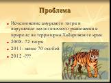 Проблема. Исчезновение амурского тигра и нарушение экологического равновесия в природе на территории Хабаровского края. 2008- 72 тигра 2011- менее 70 особей 2012 -???