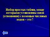 Набор простых таблиц, между которыми установлены связи (отношения) с помощью числовых кодов – это ?