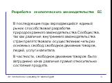 В последующие годы зарождающийся единый рынок способствовал разработке природоохранного законодательства Сообщества, так как различия внутреннего законодательства стран препятствовали осуществлению четырех основных свобод: свободное движение товаров, людей, услуг и капитала. В частности, свободное д