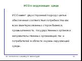 ИСО имеет двухсторонний подход с целью обеспечения соответствия потребностям как всех заинтересованных сторон бизнеса, промышленности, государственных органов и неправительственных организаций, так и потребителей в области охраны окружающей среды.