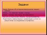 Задачи. Узнать больше об историческом прошлом нашего района. Узнать, что означает термин «город». Узнать, почему наш город так называется. Изучить исторические объекты города Ерейментау. Подготовить компьютерную презентацию и отчет по результатам исследования (портфолио).