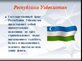 Республика Узбекистан. Государственный флаг Республики Узбекистан представляет собой прямоугольное полотнище из трёх горизонтальных полос насыщенного голубого, белого и насыщенного зеленого цветов во всю длину флага.