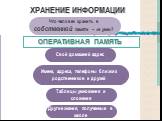 ХРАНЕНИЕ ИНФОРМАЦИИ. Что человек хранить в собственной памяти – «в уме»? Свой домашний адрес. Имена, адреса, телефоны близких родственников и друзей. Таблицы умножения и сложения. Другие знания, полученные в школе. ОПЕРАТИВНАЯ ПАМЯТЬ