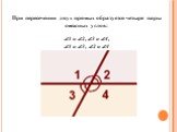 При пересечении двух прямых образуется четыре пары смежных углов: ∠1 и ∠2, ∠3 и ∠4, ∠1 и ∠3, ∠2 и ∠4