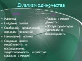 Дуализм одиночества. «+» Надежда Создание связей Свободное, органическое единение личностей Нахождение истины Создание нового мира(полнота и воссоединение, умиротворенность и счастье, согласие с миром). «-» Разрыв с миром данности Потеря ориентиров Отчаяние и безысходность