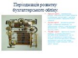 Періодизація розвитку бухгалтерського обліку: Перший період – виникнення різних способів реєстрації фактів в облікових регістрах у вигляді систематичних і хронологічних записів. Другий період – розвиток різних форм товарних операцій та збільшення обсягу торгівельних фінансових та інших операцій у вс