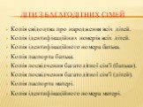 Діти з багатодітних сімей. Копія свідоцтва про народження всіх дітей. Копія ідентифікаційних номерів всіх дітей. Копія ідентифікаційного номера батька. Копія паспорта батька. Копія посвідчення багатодітної сім’ї (батьки). Копія посвідчення багатодітної сім’ї (дітей). Копія паспорта матері. Копія іде