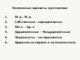 Возможные варианты группировки. 1. М. р.- Ж. р. 2. Собственные - нарицательные. 3. Мн.ч. – Ед. ч. 4. Одушевлённые – Неодушевлённые 5. Переносится – не переносится. 6. Ударение на первом и на втором слоге.