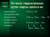 По числу гидроксильных групп спирты делятся на: Одноатомные: (метиловый спирт) Двухатомный: (этиленгликоль) Трехатомные: (глицерин). CH3 OH HO CH2 CH2 OH CH 3 CH CH2 OH OH OH