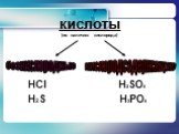 кислоты (по наличию кислорода). безкислородные. кислородсодержащие. HCl H2S H2SO4 H3PO4