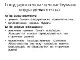 Государственные ценные бумаги подразделяются на: А) По виду эмитента: ценные бумаги федерального правительства; региональные ценные бумаги. Б) По форме обращения рыночные ценные бумаги (свободно обращаются и могут перепродаваться на вторичном рынке) нерыночные государственные долговые обязательства 